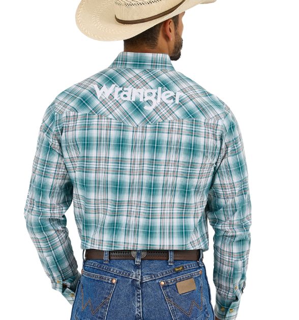 Wrangler® Men's Logo Long Sleeve Button Down Shirt, Blue