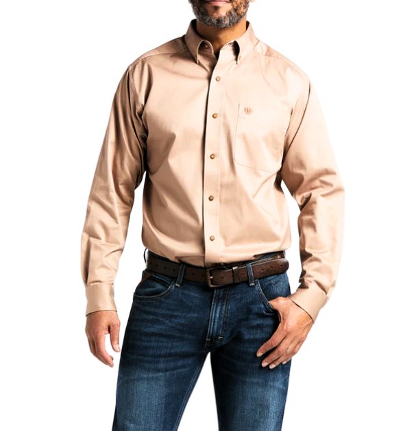 Men's Ariat Solid Twill Classic Long Sleeve Shirt - Beige/Khaki