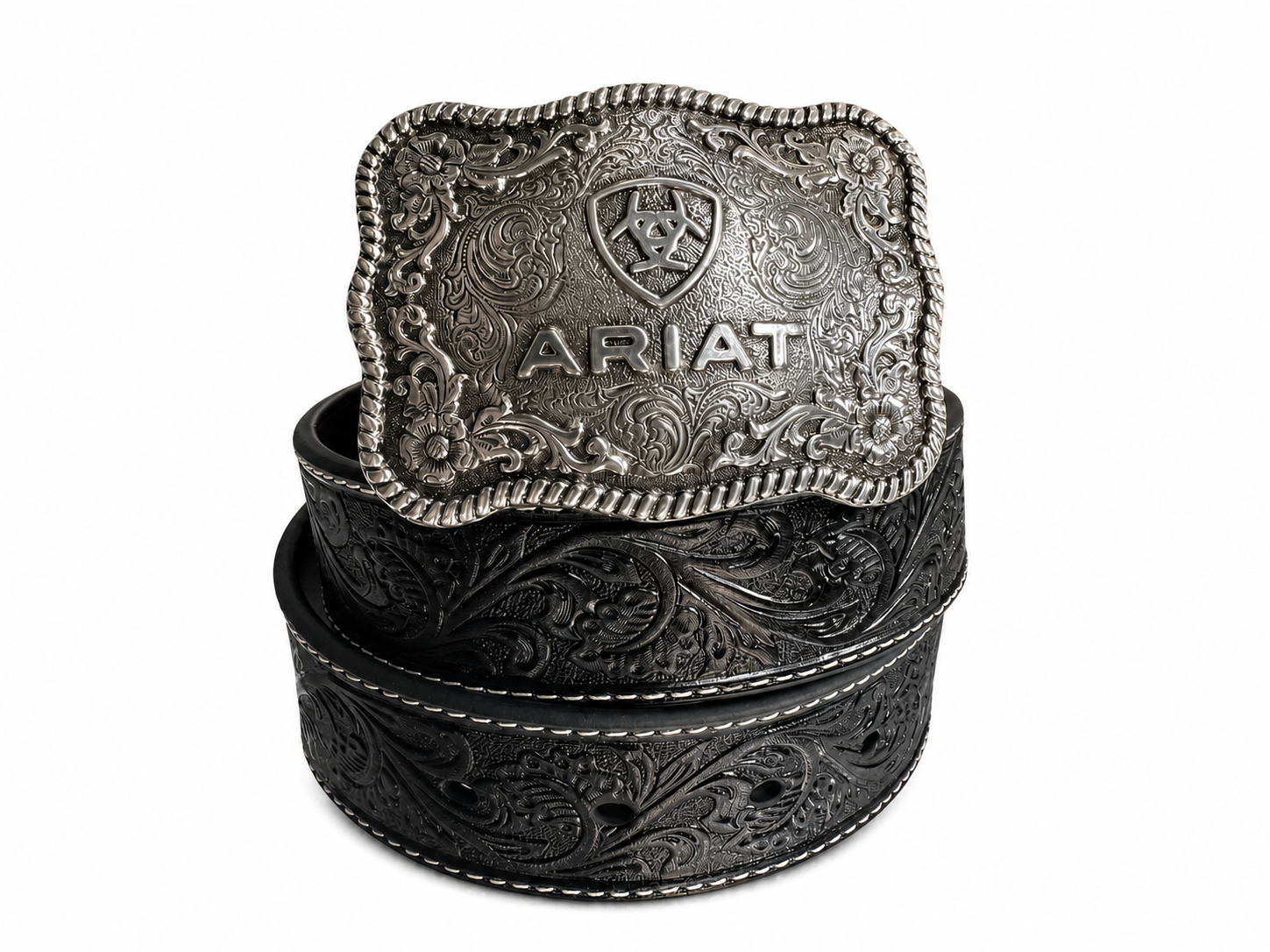 Ariat Men’s Embossed Leather Belt with Silver Western Buckle – Black