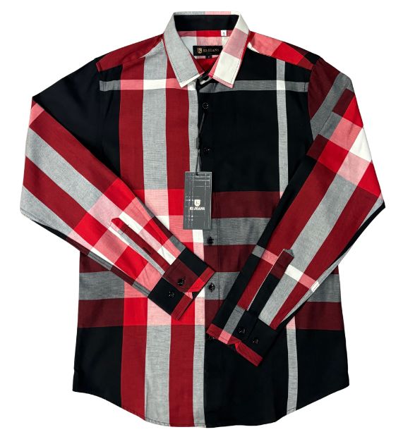 K1JEANS Men's Long Sleeve Plaid Shirt - Black & Red