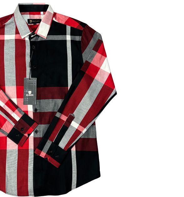 K1JEANS Men's Long Sleeve Plaid Shirt - Black & Red