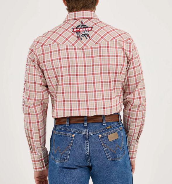 Wrangler® Men's PBR Logo Long Sleeve Button Down Shirt, Brown/Red