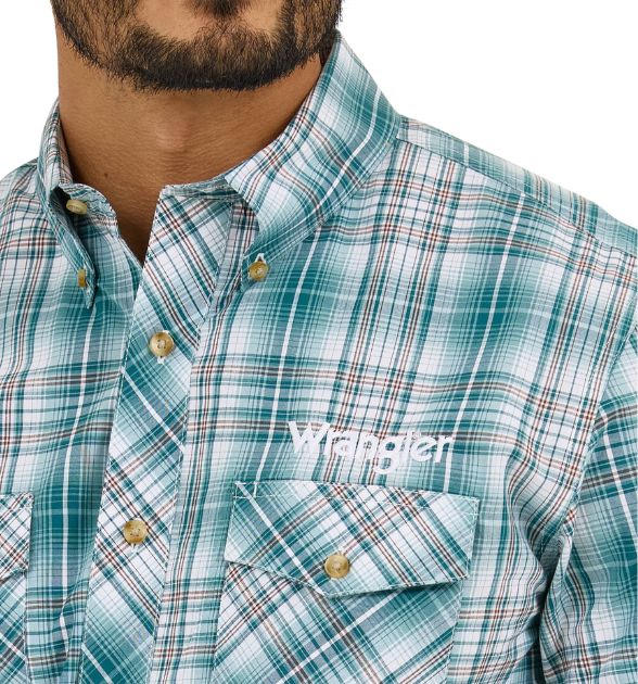 Wrangler® Men's Logo Long Sleeve Button Down Shirt, Blue