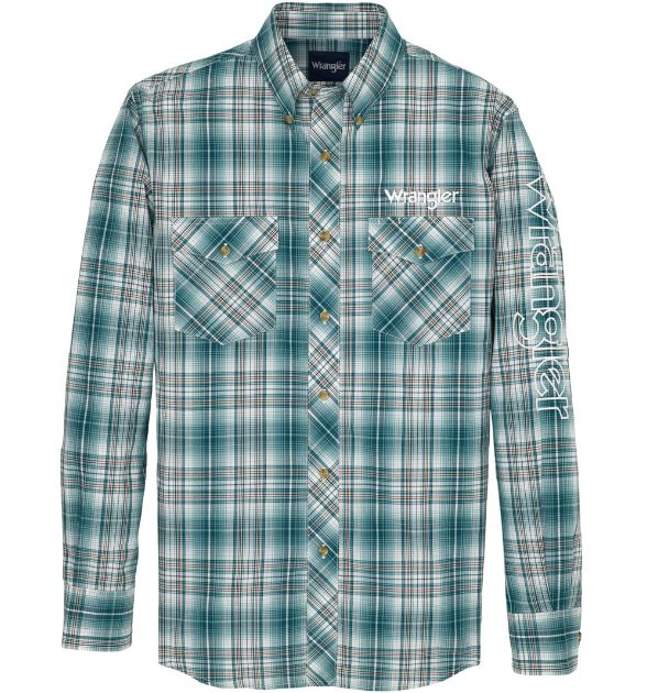Wrangler® Men's Logo Long Sleeve Button Down Shirt, Blue
