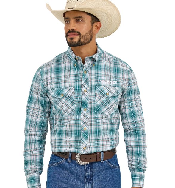 Wrangler® Men's Logo Long Sleeve Button Down Shirt, Blue