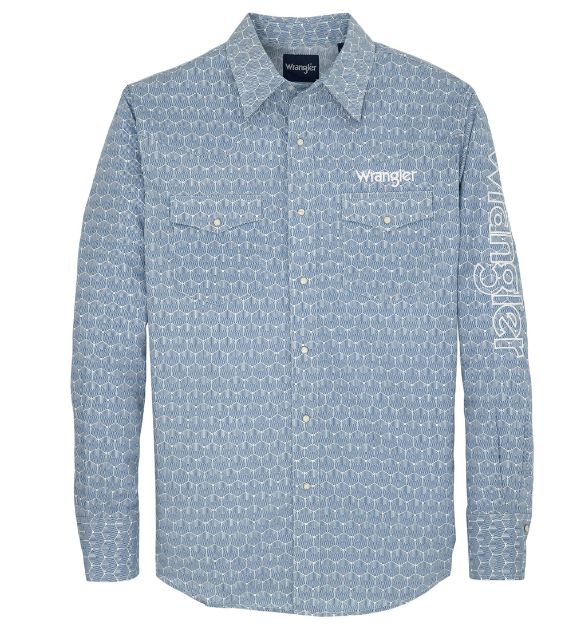Wrangler® Men's Logo Long Sleeve Button Down Shirt, Blue