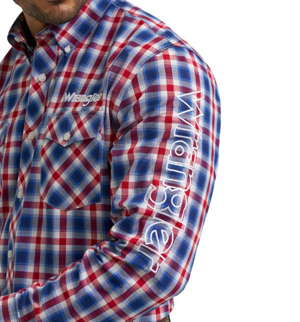 Wrangler® Men's Logo Long Sleeve Button Down Shirt, Blue