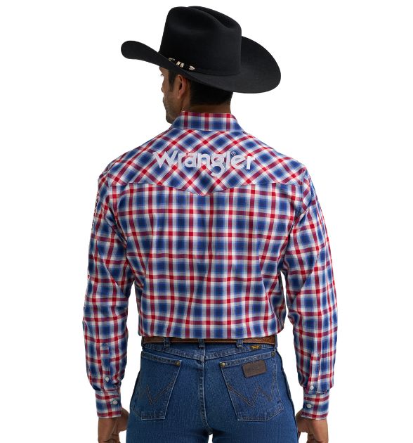 Wrangler® Men's Logo Long Sleeve Button Down Shirt, Blue
