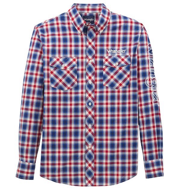 Wrangler® Men's Logo Long Sleeve Button Down Shirt, Blue