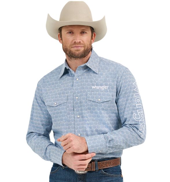 Wrangler® Men's Logo Long Sleeve Button Down Shirt, Blue