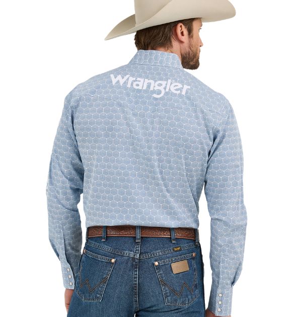 Wrangler® Men's Logo Long Sleeve Button Down Shirt, Blue