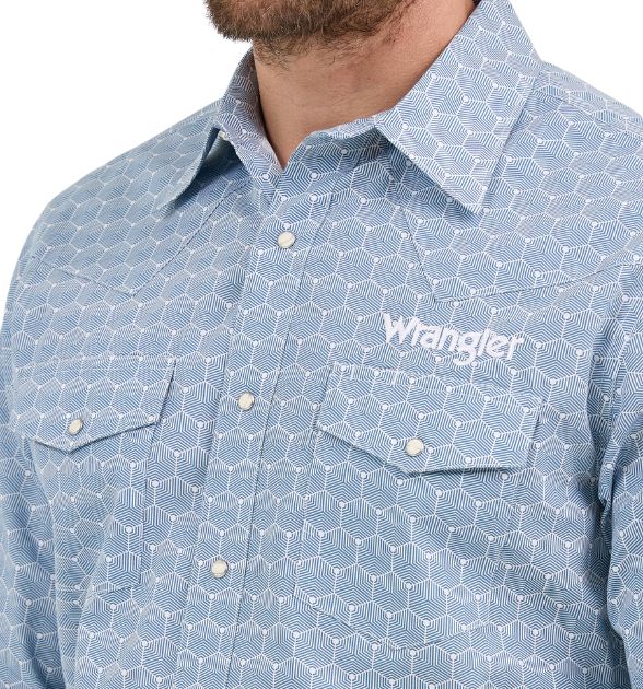 Wrangler® Men's Logo Long Sleeve Button Down Shirt, Blue