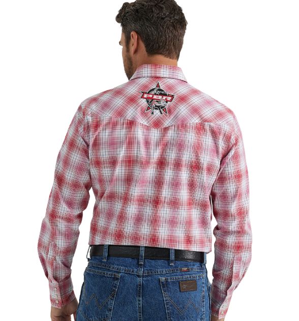 Wrangler® Men's PBR Plaid Western Snap Shirt – Red & White
