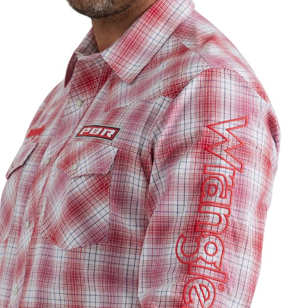 Wrangler® Men's PBR Plaid Western Snap Shirt – Red & White