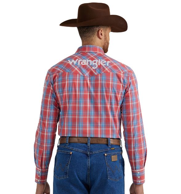 Wrangler® Men's Red & Blue Plaid Western Snap Shirt | Long Sleeve Cowboy Shirt