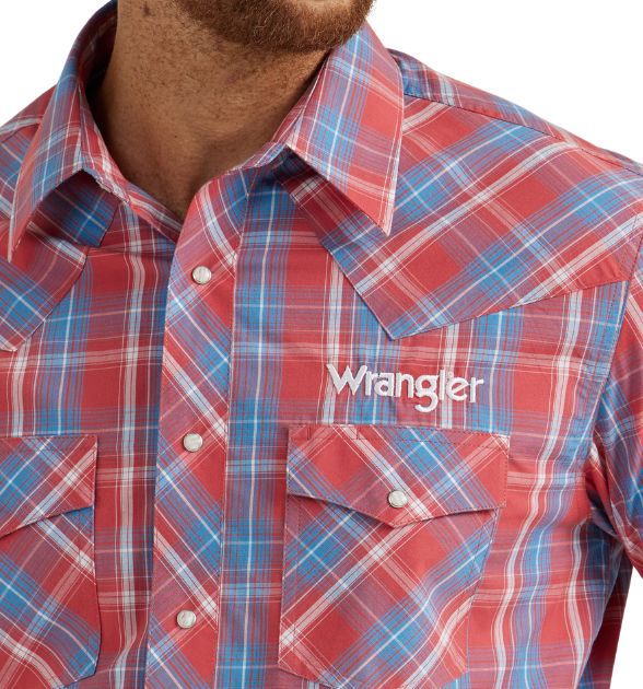 Wrangler® Men's Red & Blue Plaid Western Snap Shirt | Long Sleeve Cowboy Shirt
