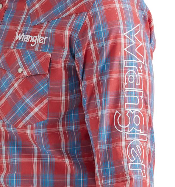 Wrangler® Men's Red & Blue Plaid Western Snap Shirt | Long Sleeve Cowboy Shirt