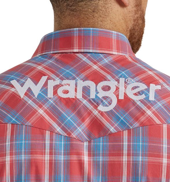 Wrangler® Men's Red & Blue Plaid Western Snap Shirt | Long Sleeve Cowboy Shirt