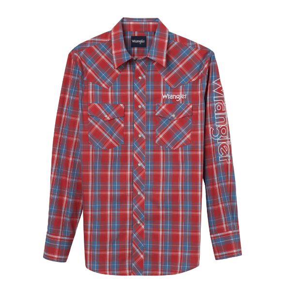 Wrangler® Men's Red & Blue Plaid Western Snap Shirt | Long Sleeve Cowboy Shirt