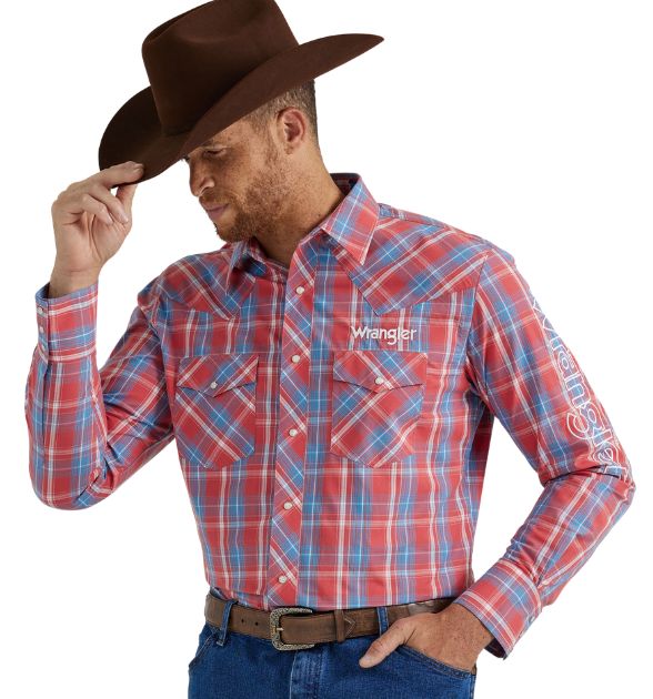 Wrangler® Men's Red & Blue Plaid Western Snap Shirt | Long Sleeve Cowboy Shirt