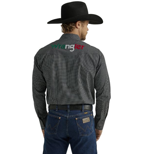 Wrangler Men’s Black Logo Long Sleeve Western Snap Shirt