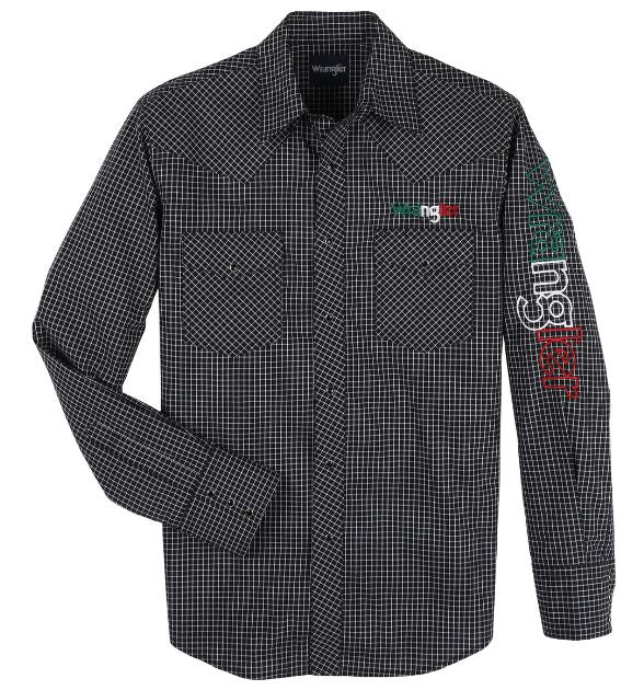 Wrangler Men’s Black Logo Long Sleeve Western Snap Shirt