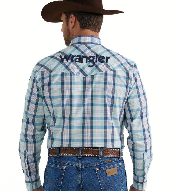 Wrangler® Men's Logo Long Sleeve Button Down Shirt, Blue