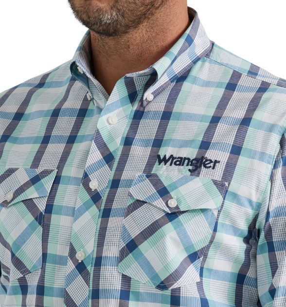 Wrangler® Men's Logo Long Sleeve Button Down Shirt, Blue