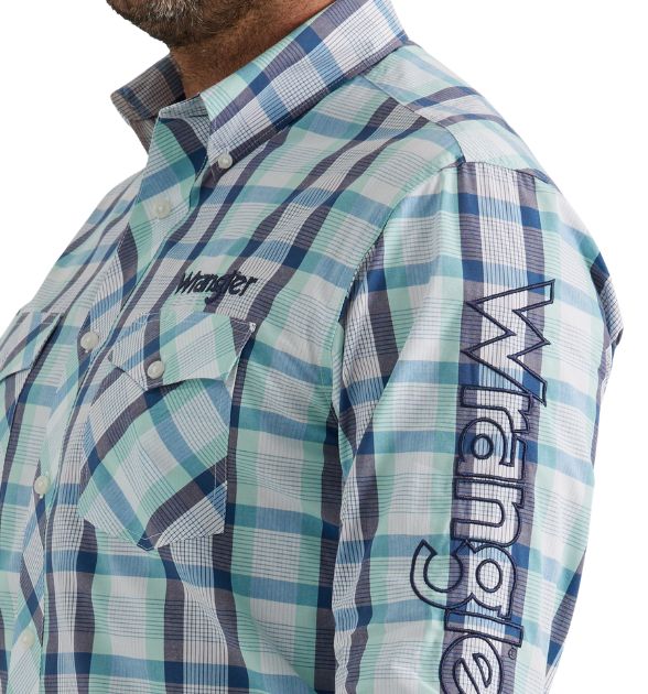 Wrangler® Men's Logo Long Sleeve Button Down Shirt, Blue