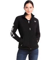 Woman wearing a black jacket with a logo on a white background