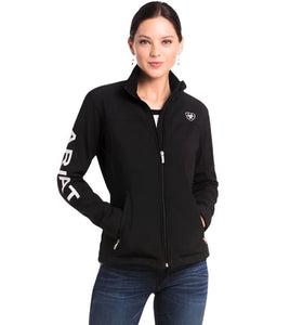 Woman wearing a black jacket with a logo on a white background