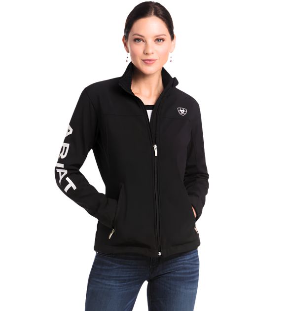 Woman wearing a black jacket with a logo on a white background