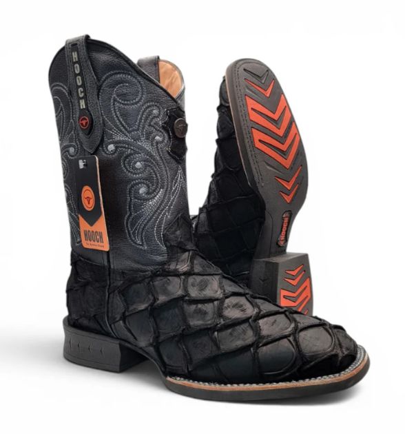 Mens Pirarucu Print Boot Black – Square Toe Rubber Sole Leather Boot