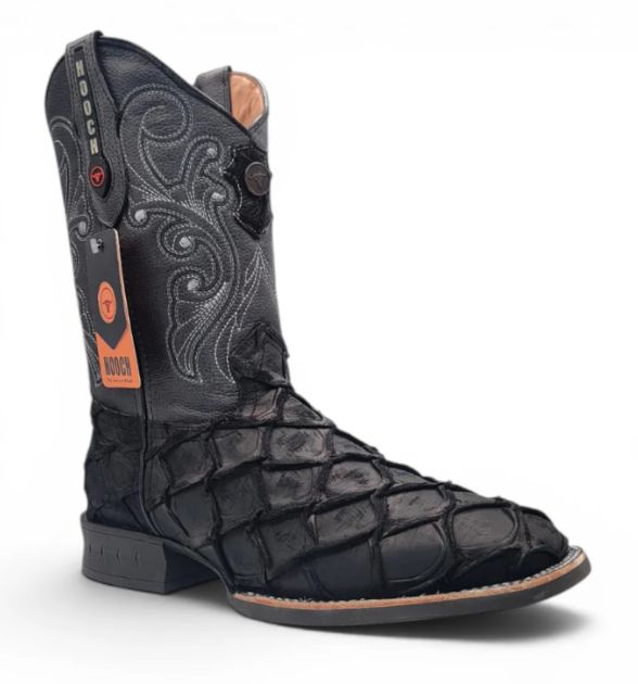 Mens Pirarucu Print Boot Black – Square Toe Rubber Sole Leather Boot