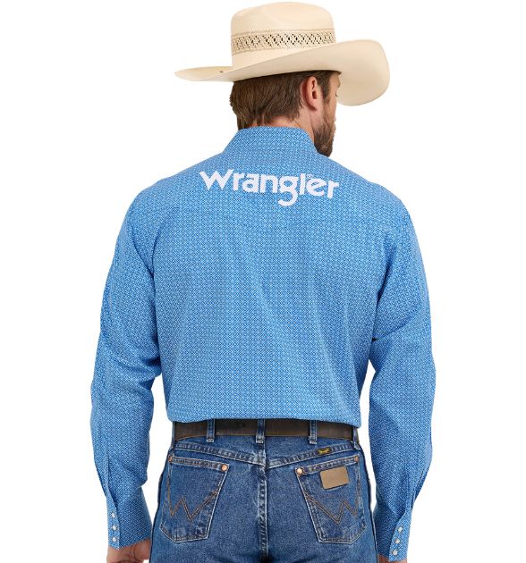 Wrangler® Men's Logo Long Sleeve Button Down Shirt, Blue