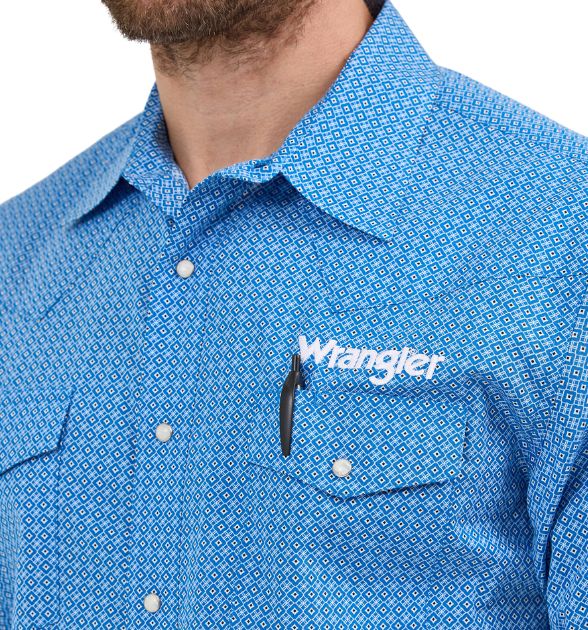 Wrangler® Men's Logo Long Sleeve Button Down Shirt, Blue