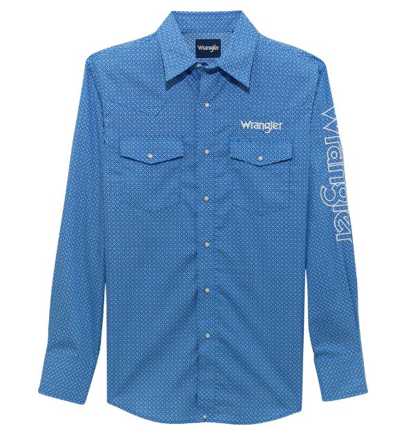 Wrangler® Men's Logo Long Sleeve Button Down Shirt, Blue
