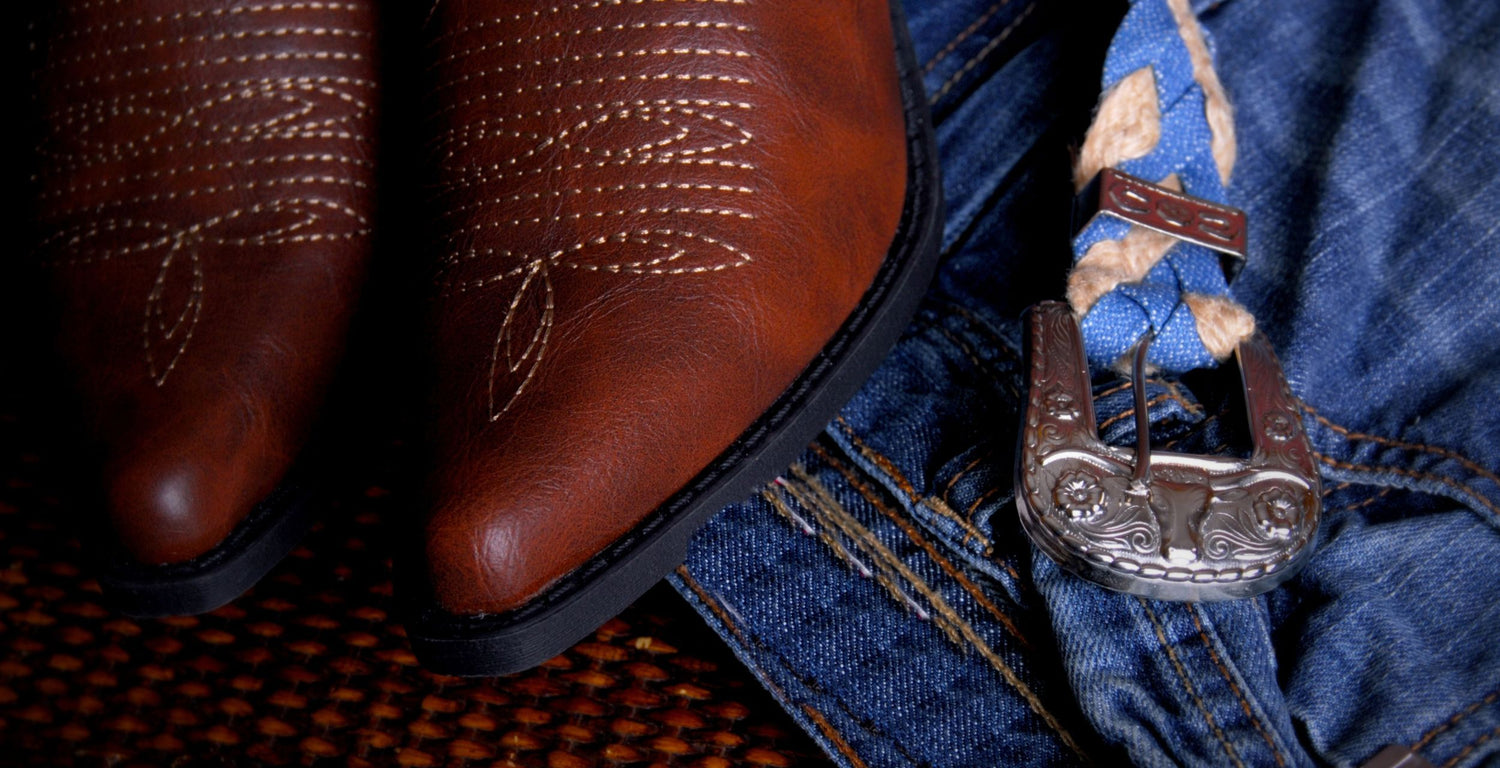 Close-up of brown cowboy boots and blue jeans with a belt buckle.
