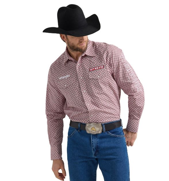 Wrangler® Men's PBR Logo Long Sleeve Button Down Shirt, Red