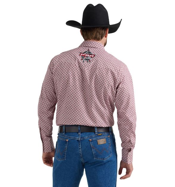 Wrangler® Men's PBR Logo Long Sleeve Button Down Shirt, Red