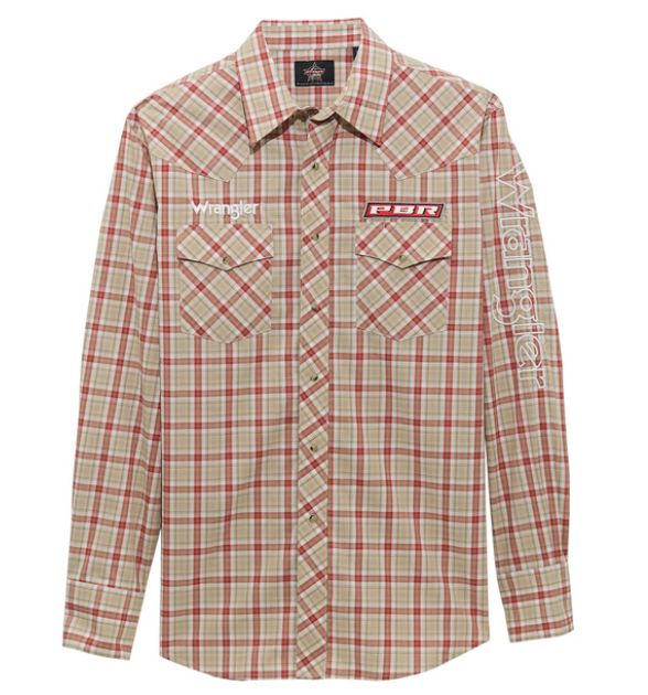 Wrangler® Men's PBR Logo Long Sleeve Button Down Shirt, Brown/Red