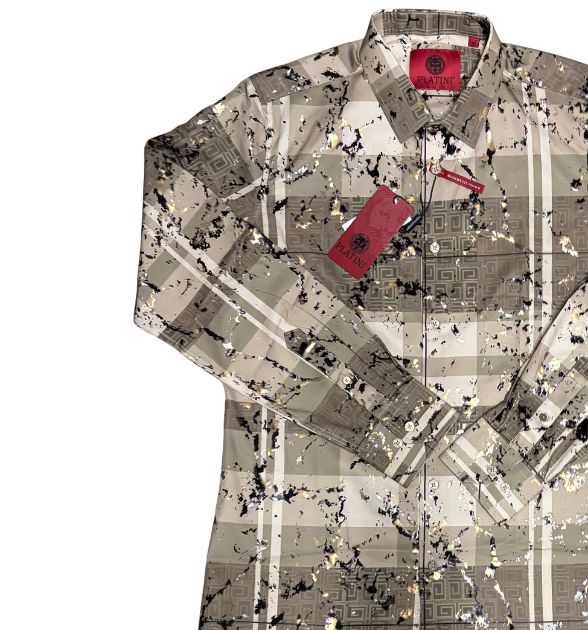 Platini Men's Beige Long Sleeve Shirt | Geometric Western Print