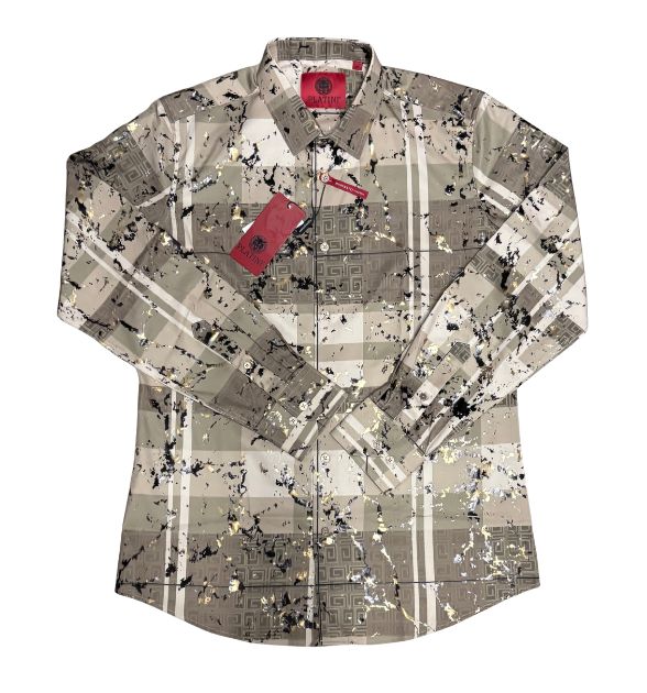 Platini Men's Beige Long Sleeve Shirt | Geometric Western Print