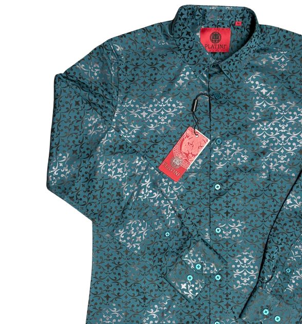 Platini Men's Blue/Turquoise Long Sleeve Shirt | Patterned Western Shirt
