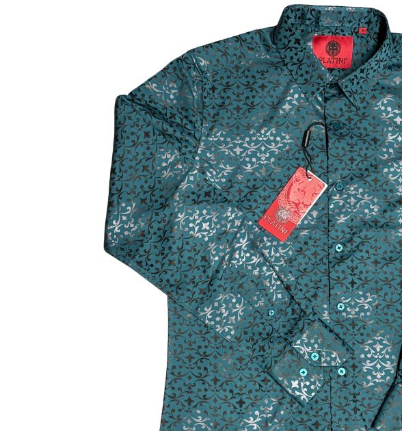 Platini Men's Blue/Turquoise Long Sleeve Shirt | Patterned Western Shirt