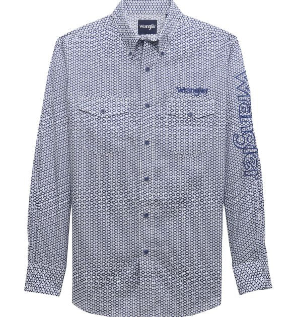 Wrangler® Men's Logo Long Sleeve Button Down Shirt, Blue