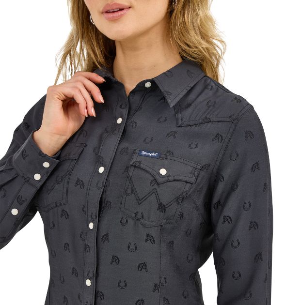 Wrangler Women’s Western Snap Shirt – Black Horses