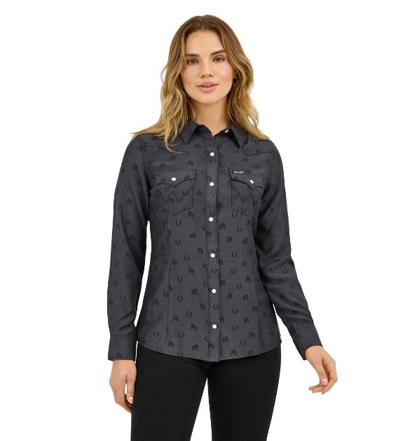 Wrangler Women’s Western Snap Shirt – Black Horses