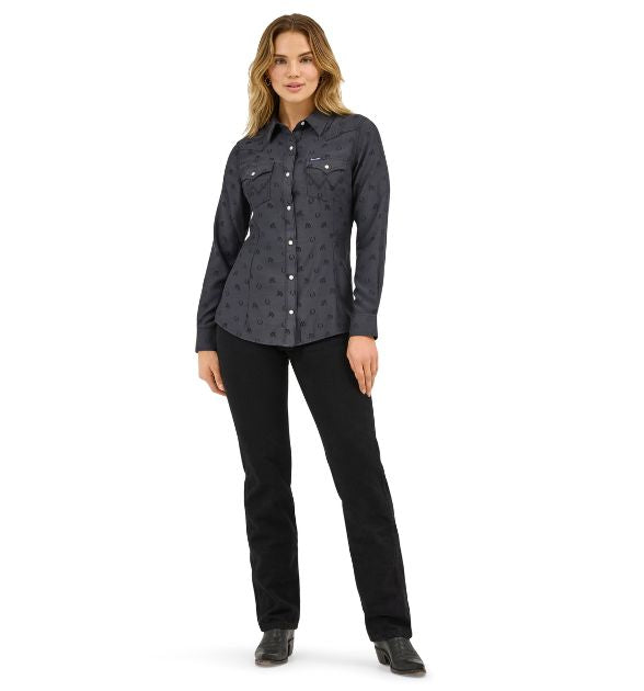 Wrangler Women’s Western Snap Shirt – Black Horses