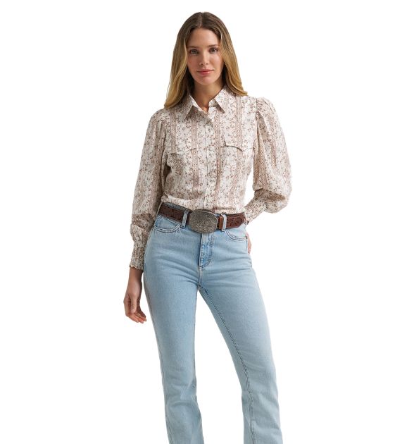 Wrangler Retro Women's Western Puff Sleeve Blouse – White